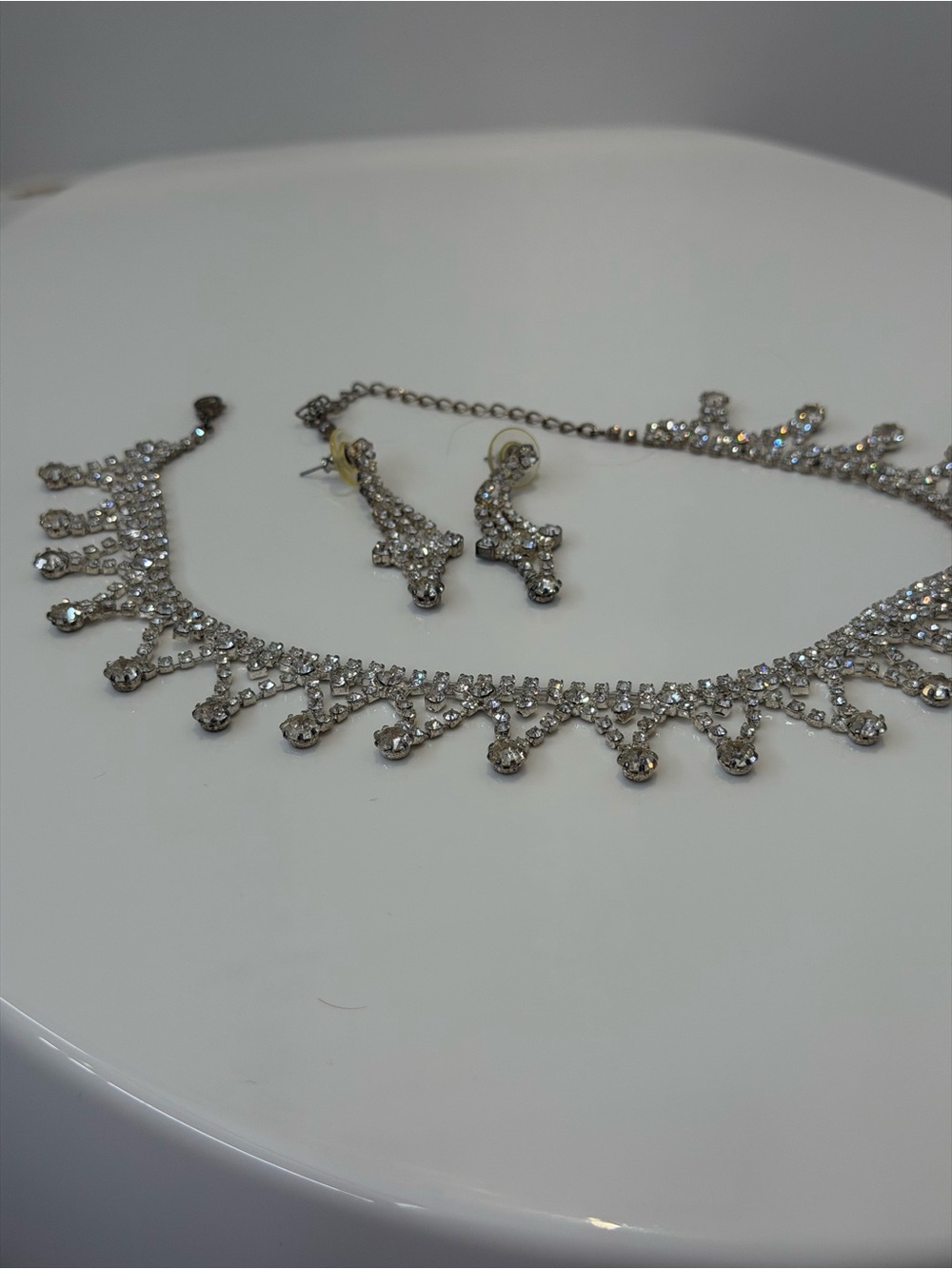 Silver Crystal Fringe Necklace and Earrings Set